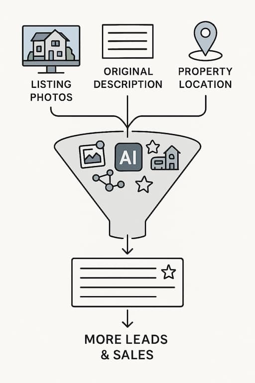 Diagram showing how AI transforms listing details into compelling, SEO-friendly descriptions