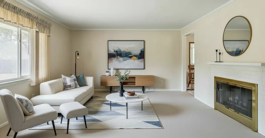 Room virtually staged with modern furniture