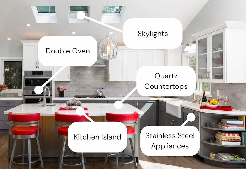 AI-powered sellable features tagging showing room types and architectural features